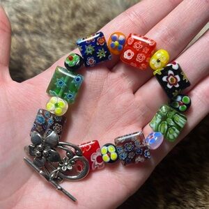 Vintage silver toned rainbow millefiori glass bracelet
